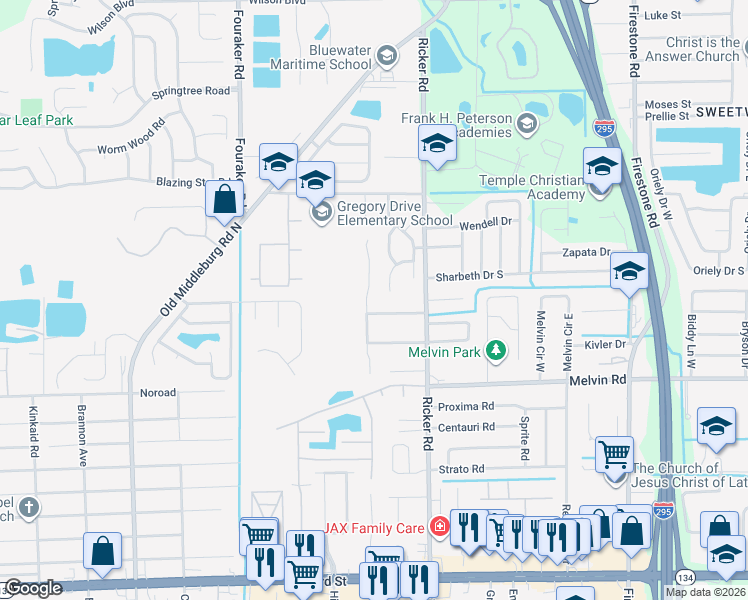 map of restaurants, bars, coffee shops, grocery stores, and more near 4449 Melissa Court North in Jacksonville