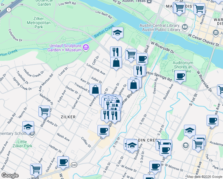 map of restaurants, bars, coffee shops, grocery stores, and more near in Austin