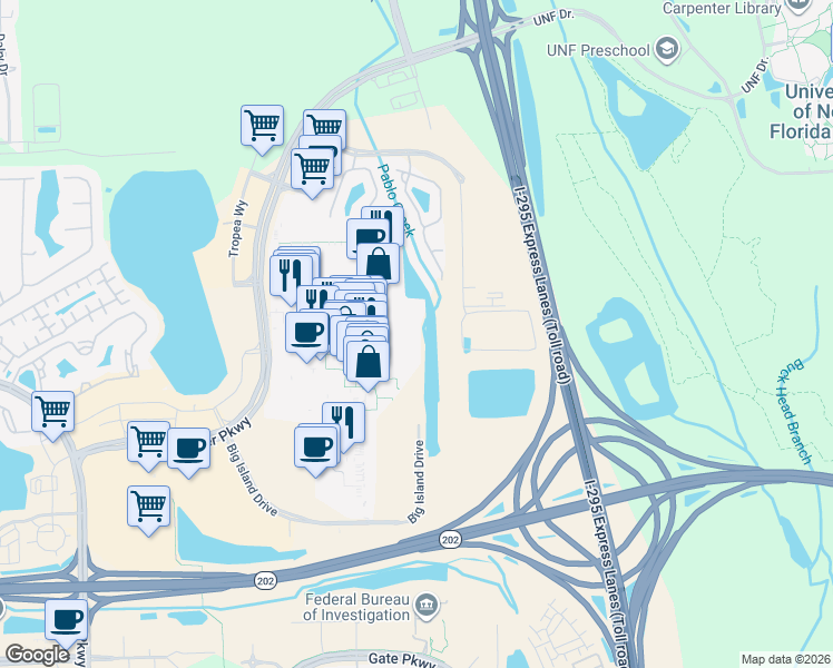 map of restaurants, bars, coffee shops, grocery stores, and more near 10434 Mid Town Parkway in Jacksonville
