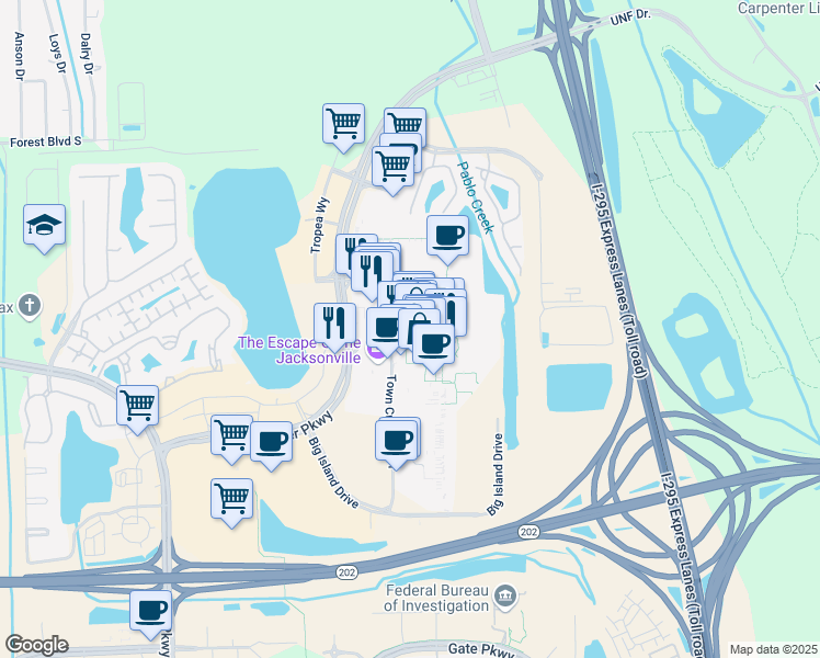 map of restaurants, bars, coffee shops, grocery stores, and more near 10200 Mid Town Parkway in Jacksonville