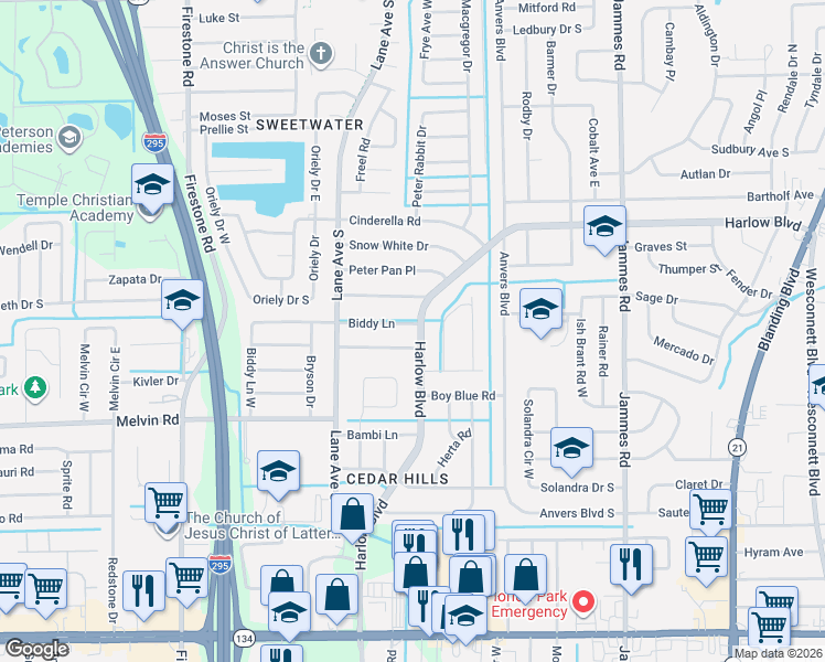 map of restaurants, bars, coffee shops, grocery stores, and more near 6822 Mother Goose Road in Jacksonville