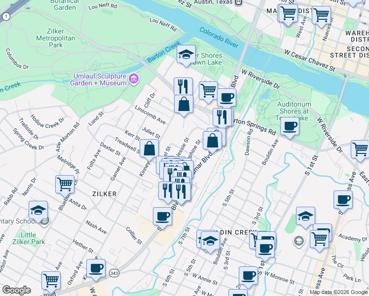 map of restaurants, bars, coffee shops, grocery stores, and more near 1408 Juliet Street in Austin