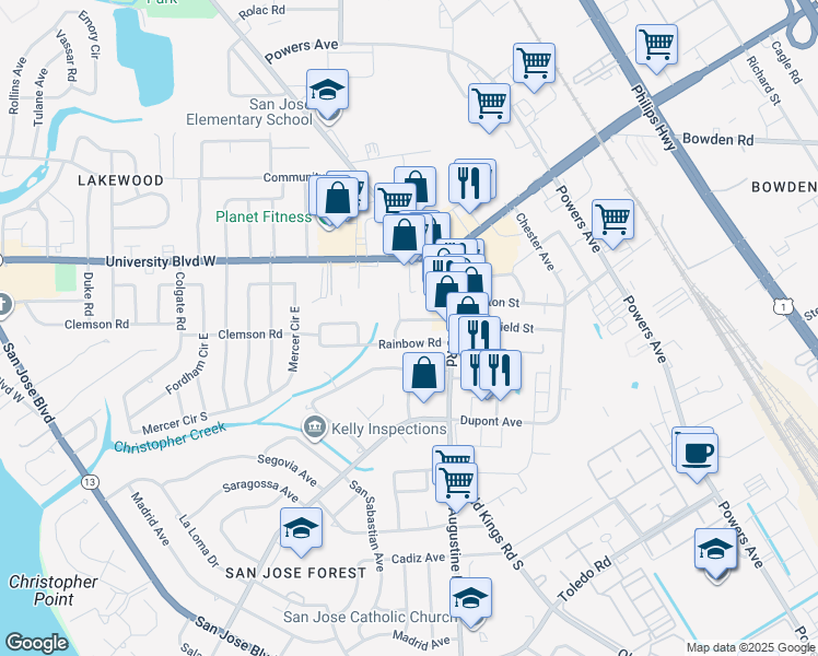 map of restaurants, bars, coffee shops, grocery stores, and more near 2852 Rainbow Road in Jacksonville