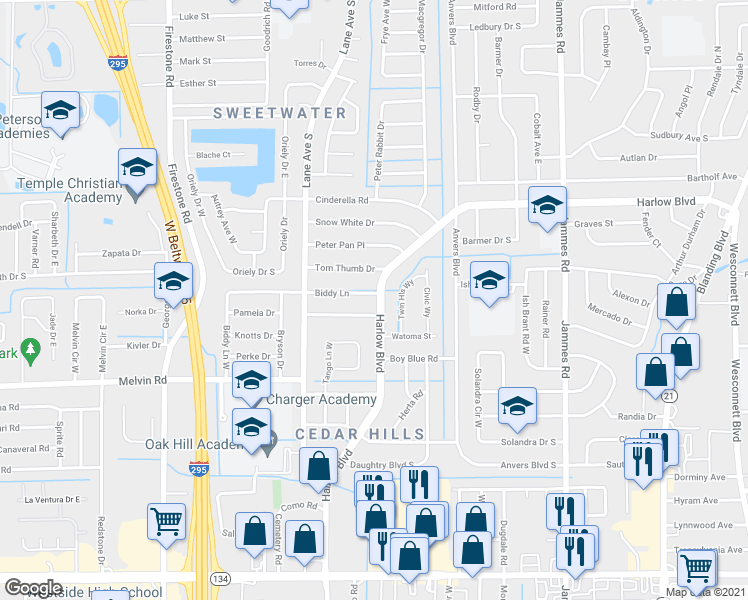 map of restaurants, bars, coffee shops, grocery stores, and more near 6822 Mother Goose Road in Jacksonville