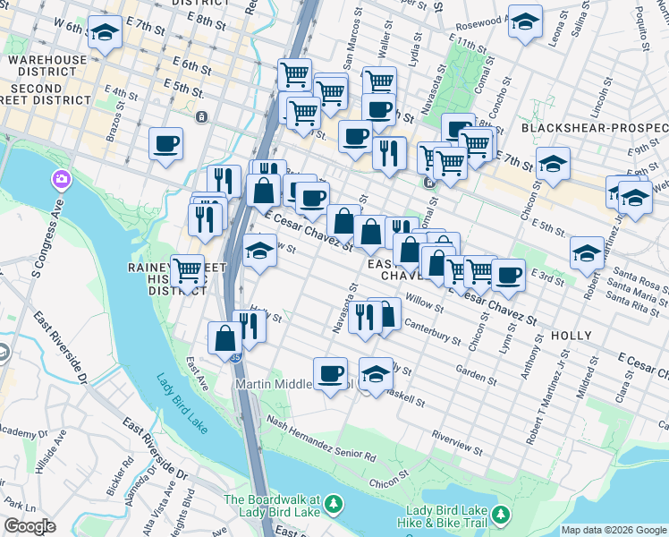 map of restaurants, bars, coffee shops, grocery stores, and more near 1208 Canterbury Street in Austin