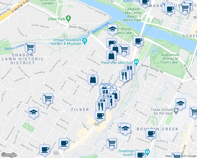 map of restaurants, bars, coffee shops, grocery stores, and more near 902 Ethel Street in Austin