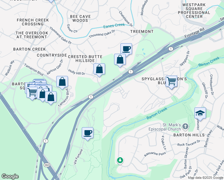 map of restaurants, bars, coffee shops, grocery stores, and more near 2001 South MoPac Expressway in Austin