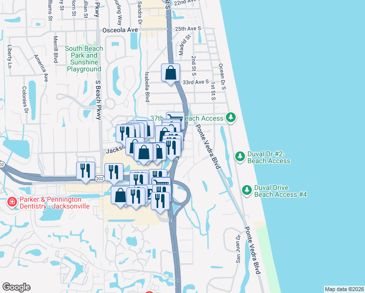 map of restaurants, bars, coffee shops, grocery stores, and more near 225 41st Avenue South in Jacksonville Beach