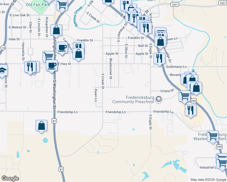 map of restaurants, bars, coffee shops, grocery stores, and more near 705 South Creek Street in Fredericksburg