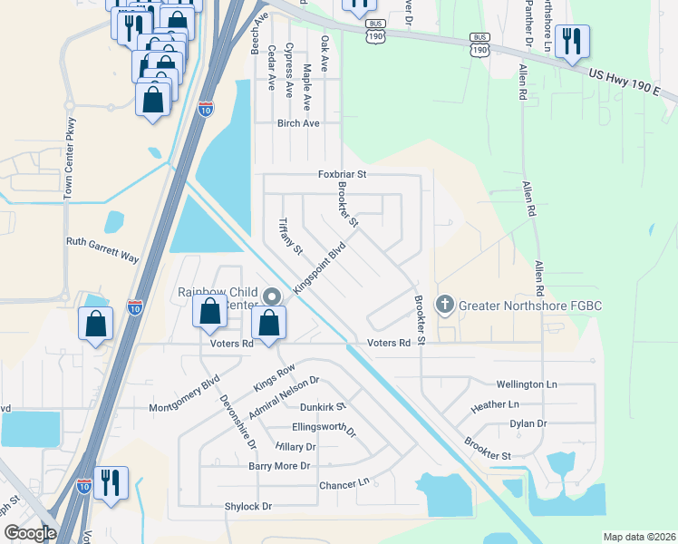 map of restaurants, bars, coffee shops, grocery stores, and more near 215 Tiffany Street in Slidell
