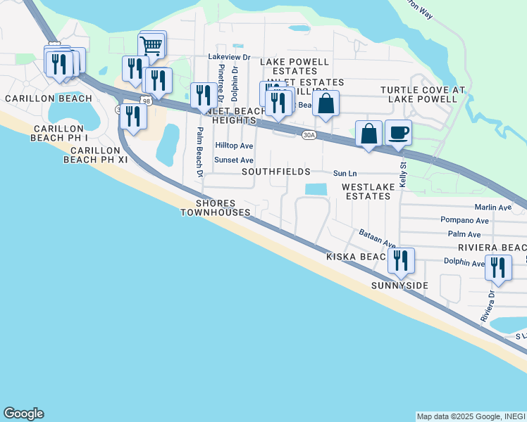 map of restaurants, bars, coffee shops, grocery stores, and more near 22421 Front Beach Road in Panama City Beach