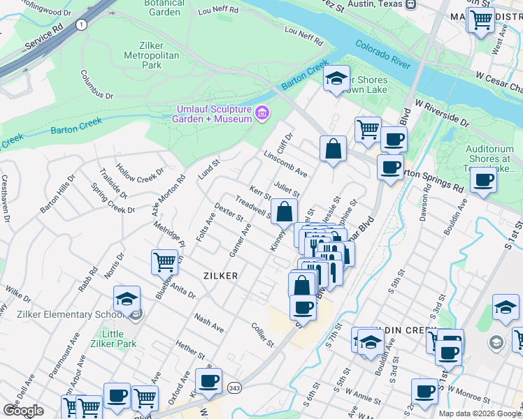 map of restaurants, bars, coffee shops, grocery stores, and more near 1609 Treadwell Street in Austin