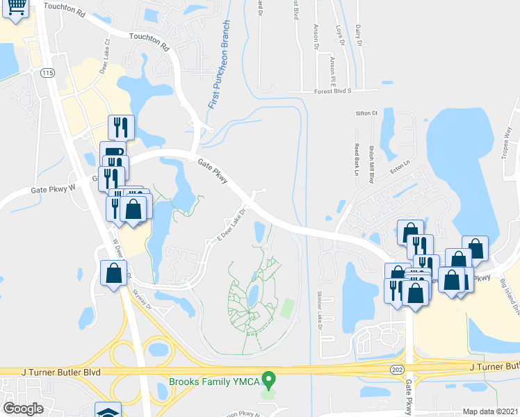 map of restaurants, bars, coffee shops, grocery stores, and more near 9889 Gate Parkway North in Jacksonville