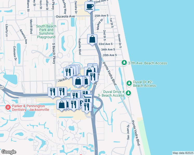 map of restaurants, bars, coffee shops, grocery stores, and more near 4016 3rd Street South in Jacksonville Beach