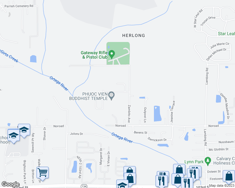 map of restaurants, bars, coffee shops, grocery stores, and more near 4508 Zambito Avenue in Jacksonville