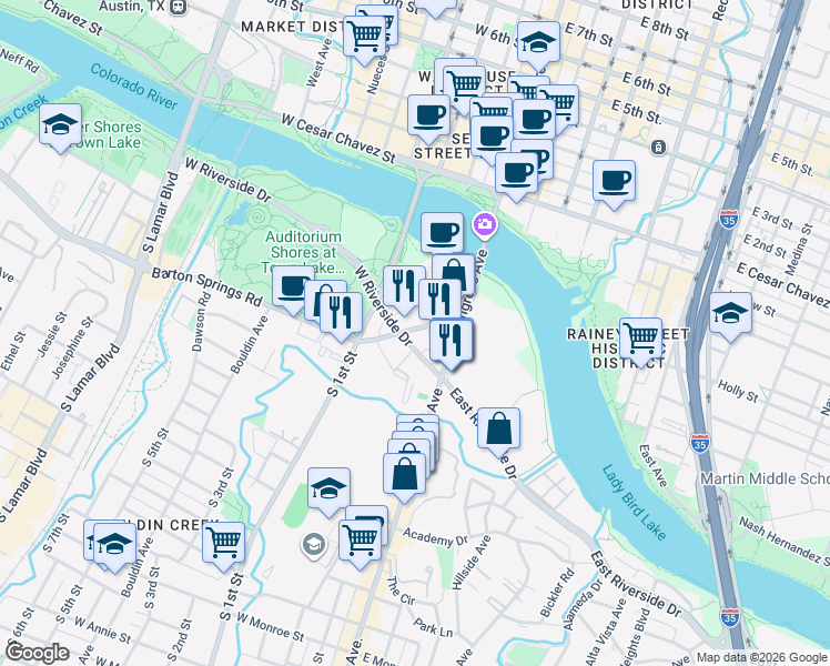 map of restaurants, bars, coffee shops, grocery stores, and more near in Austin
