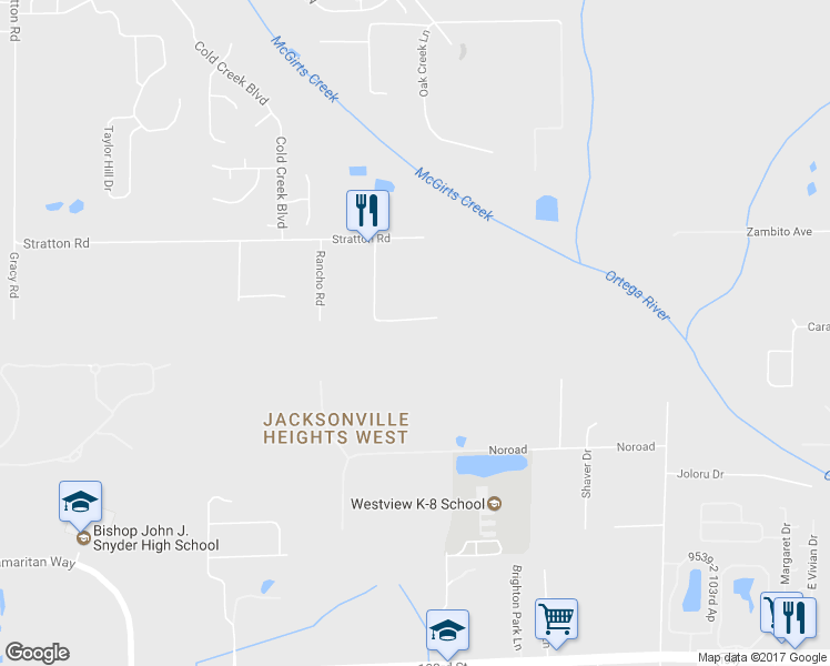 map of restaurants, bars, coffee shops, grocery stores, and more near 3272 La Trelle Lane in Jacksonville