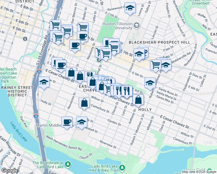 map of restaurants, bars, coffee shops, grocery stores, and more near East 2nd Street in Austin