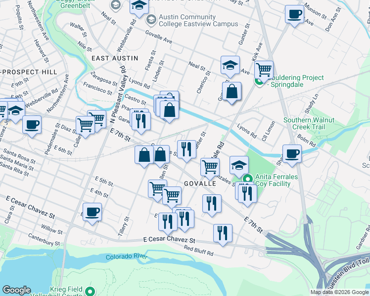 map of restaurants, bars, coffee shops, grocery stores, and more near 739 Cherico Street in Austin