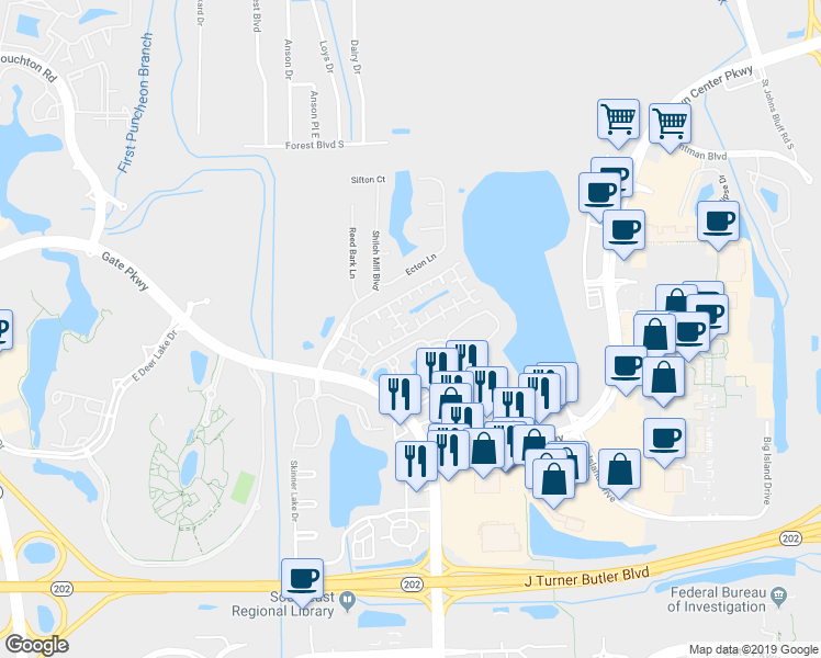 map of restaurants, bars, coffee shops, grocery stores, and more near 10135 Gate Parkway North in Jacksonville
