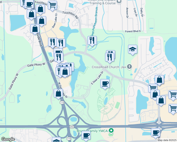 map of restaurants, bars, coffee shops, grocery stores, and more near 4800 Deer Lake Dr E in Jacksonville