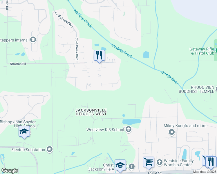 map of restaurants, bars, coffee shops, grocery stores, and more near 3272 La Trelle Lane in Jacksonville