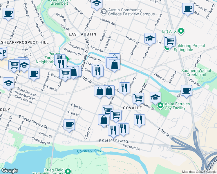 map of restaurants, bars, coffee shops, grocery stores, and more near 645 Tillery Street in Austin