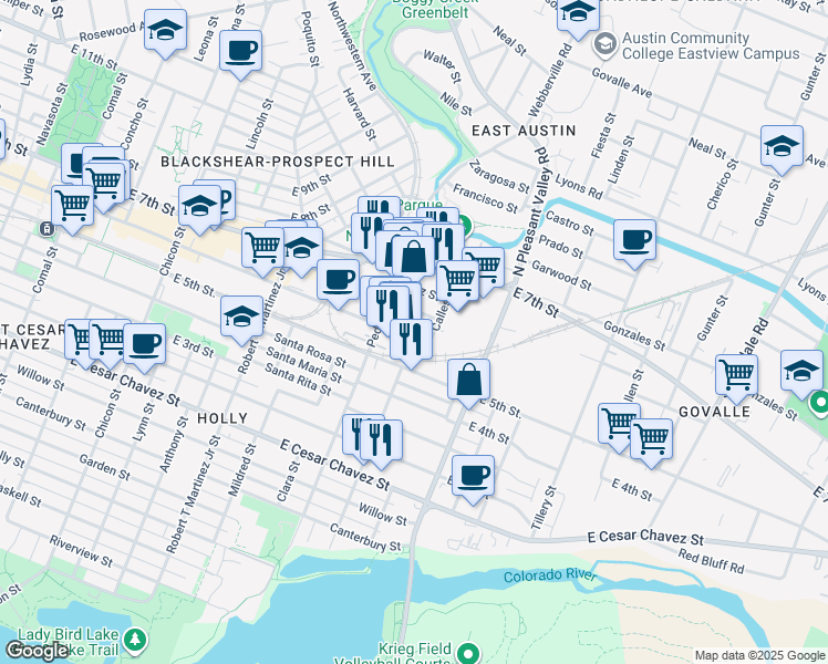 map of restaurants, bars, coffee shops, grocery stores, and more near 2703 East 6th Street in Austin