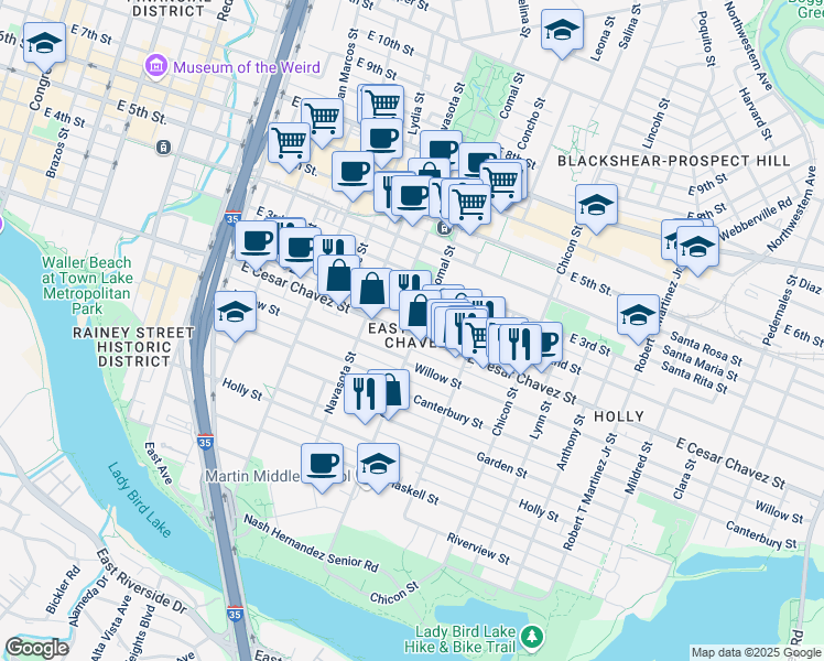 map of restaurants, bars, coffee shops, grocery stores, and more near 1504 Willow Street in Austin