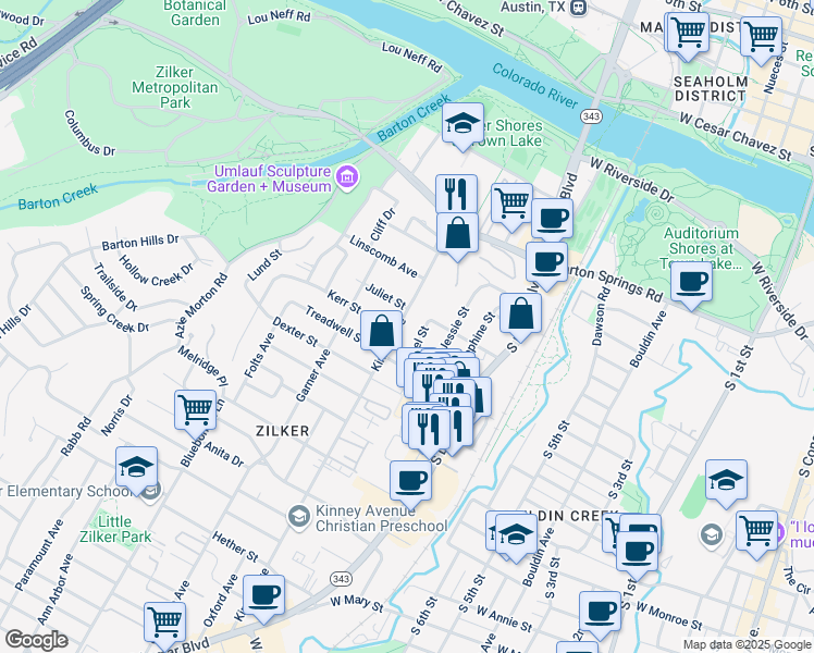 map of restaurants, bars, coffee shops, grocery stores, and more near 902 Ethel Street in Austin