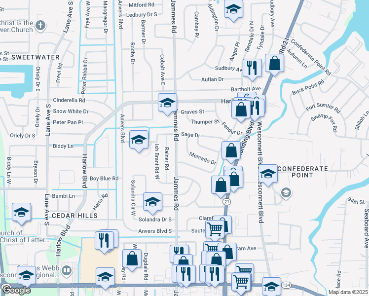 map of restaurants, bars, coffee shops, grocery stores, and more near 4435 Jammes Road in Jacksonville