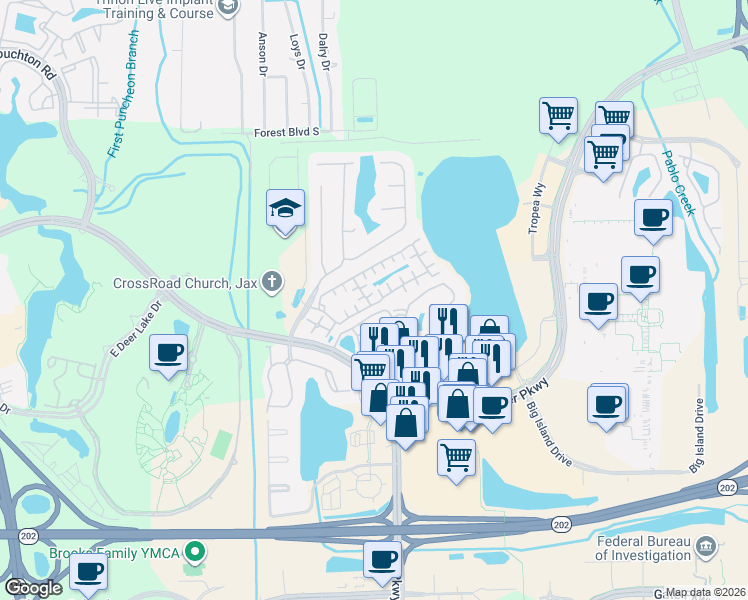 map of restaurants, bars, coffee shops, grocery stores, and more near 10135 Gate Parkway North in Jacksonville