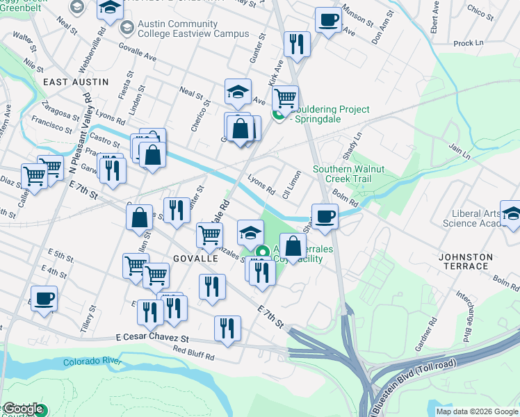 map of restaurants, bars, coffee shops, grocery stores, and more near 4708 Milburn Lane in Austin
