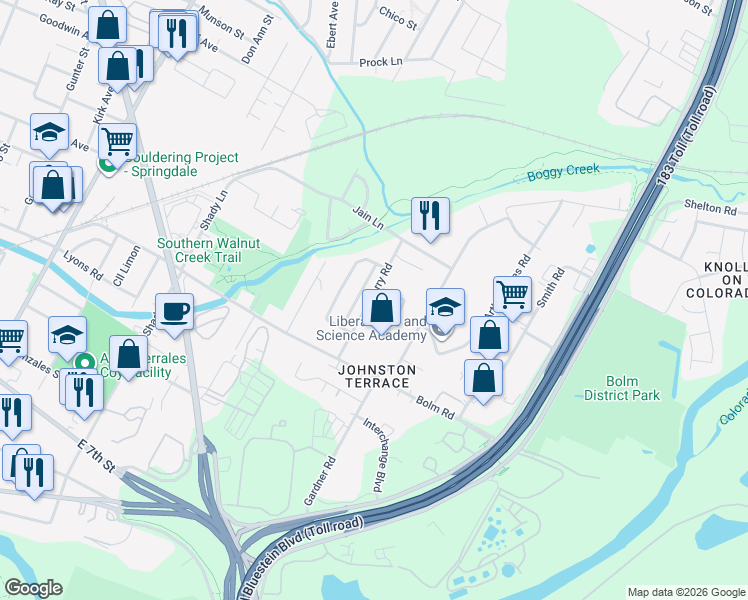 map of restaurants, bars, coffee shops, grocery stores, and more near 5921 Ventus Street in Austin