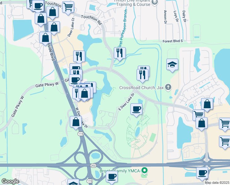 map of restaurants, bars, coffee shops, grocery stores, and more near 4800 East Deer Lake Drive in Jacksonville