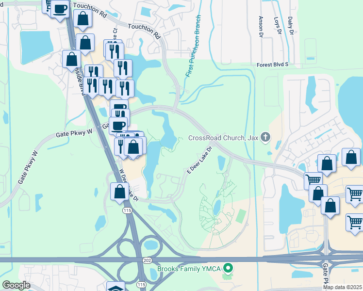 map of restaurants, bars, coffee shops, grocery stores, and more near 4800 Deer Lake Dr E in Jacksonville