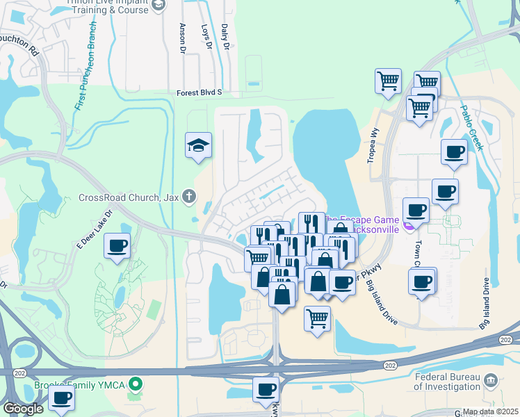 map of restaurants, bars, coffee shops, grocery stores, and more near 10075 Gate Parkway North in Jacksonville