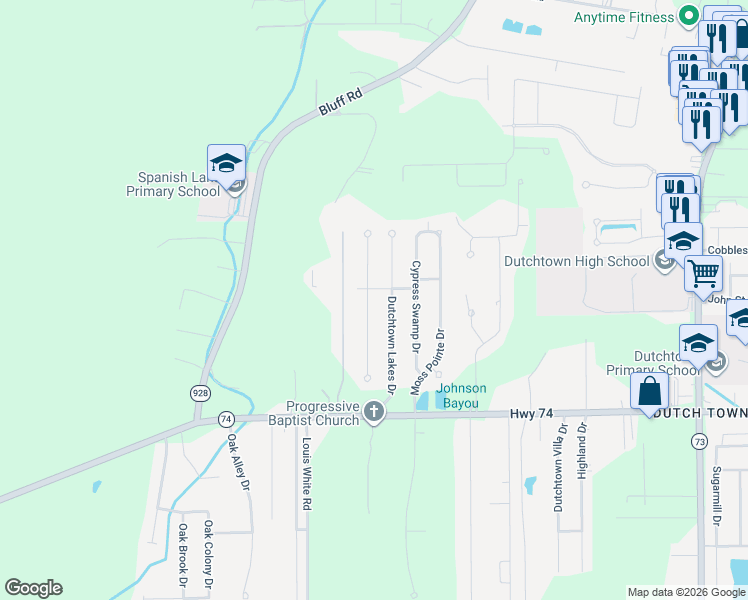 map of restaurants, bars, coffee shops, grocery stores, and more near 13123 Oak Knoll Drive in Geismar