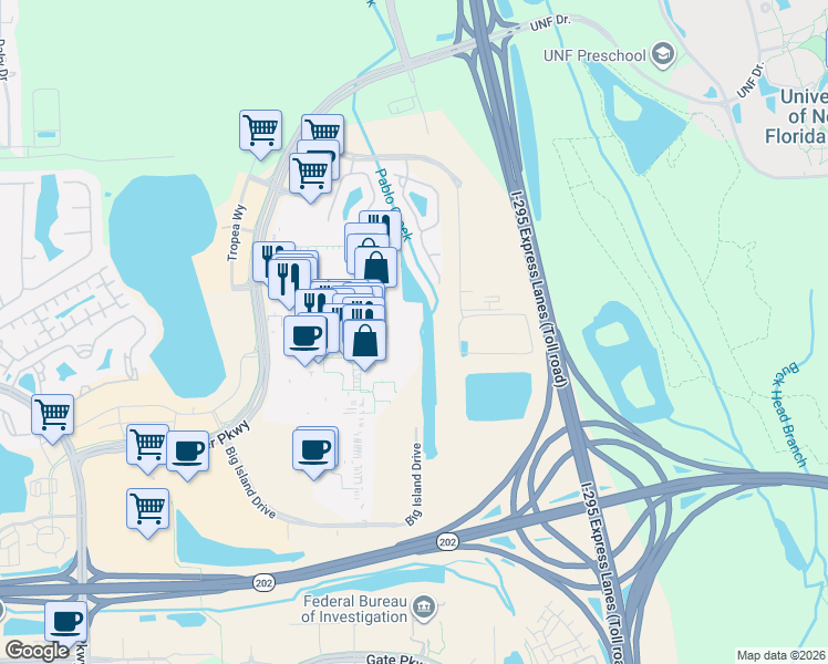 map of restaurants, bars, coffee shops, grocery stores, and more near 10435 Mid Town Parkway in Jacksonville
