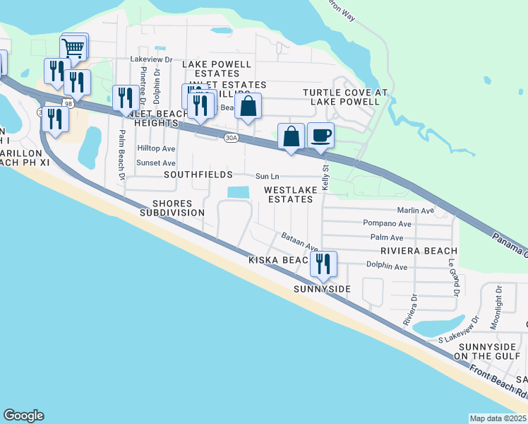 map of restaurants, bars, coffee shops, grocery stores, and more near 226 Attu Street in Panama City Beach