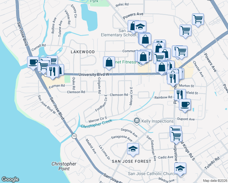 map of restaurants, bars, coffee shops, grocery stores, and more near 6154 Mercer Circle West in Jacksonville