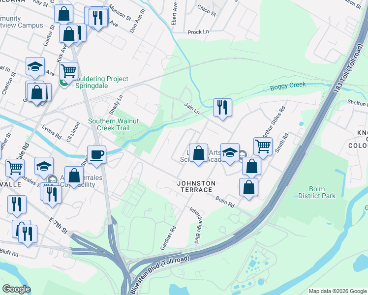 map of restaurants, bars, coffee shops, grocery stores, and more near 1118 Emmitt Run in Austin