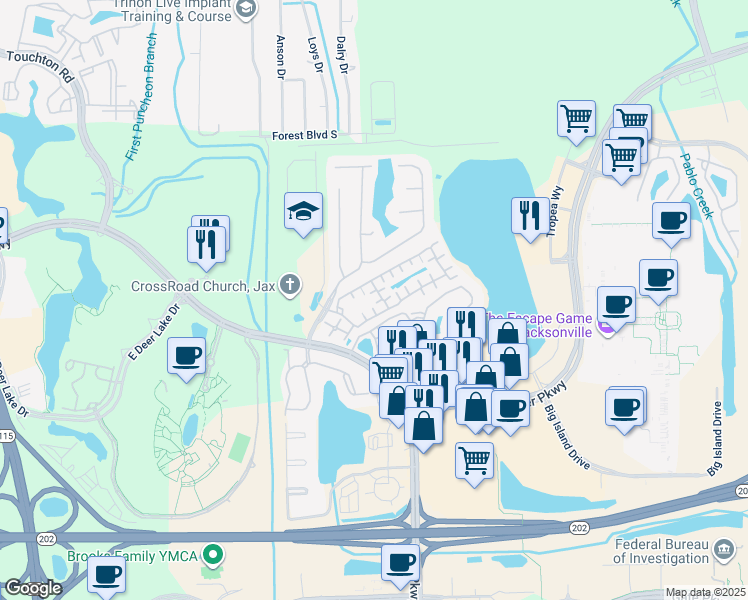 map of restaurants, bars, coffee shops, grocery stores, and more near 4663 Shiloh Mill Boulevard in Jacksonville