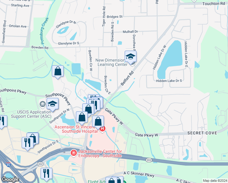 map of restaurants, bars, coffee shops, grocery stores, and more near 3840 Belfort Road in Jacksonville