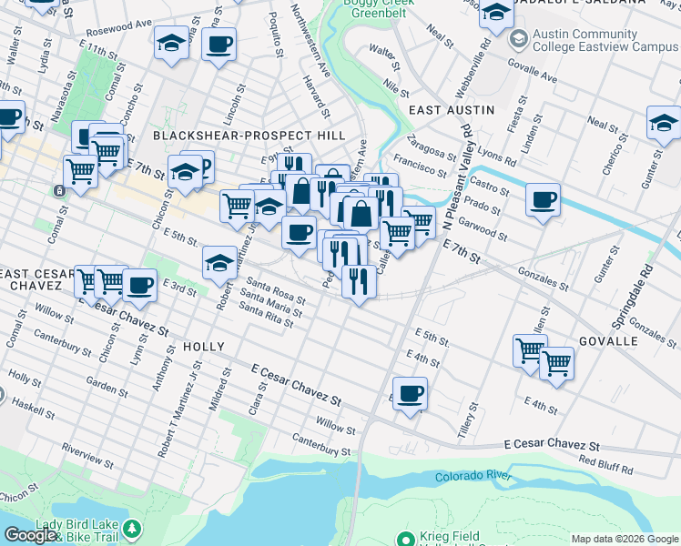 map of restaurants, bars, coffee shops, grocery stores, and more near 607 Pedernales Street in Austin