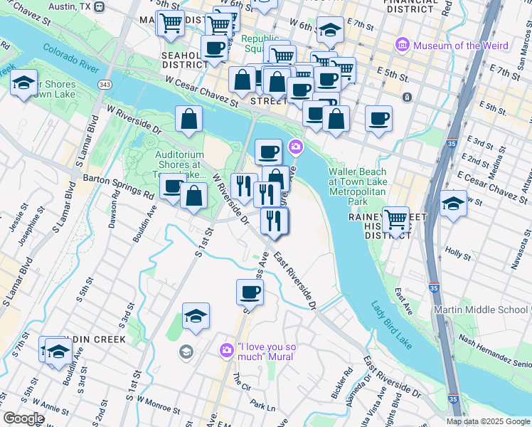 map of restaurants, bars, coffee shops, grocery stores, and more near 220 Barton Springs Road in Austin
