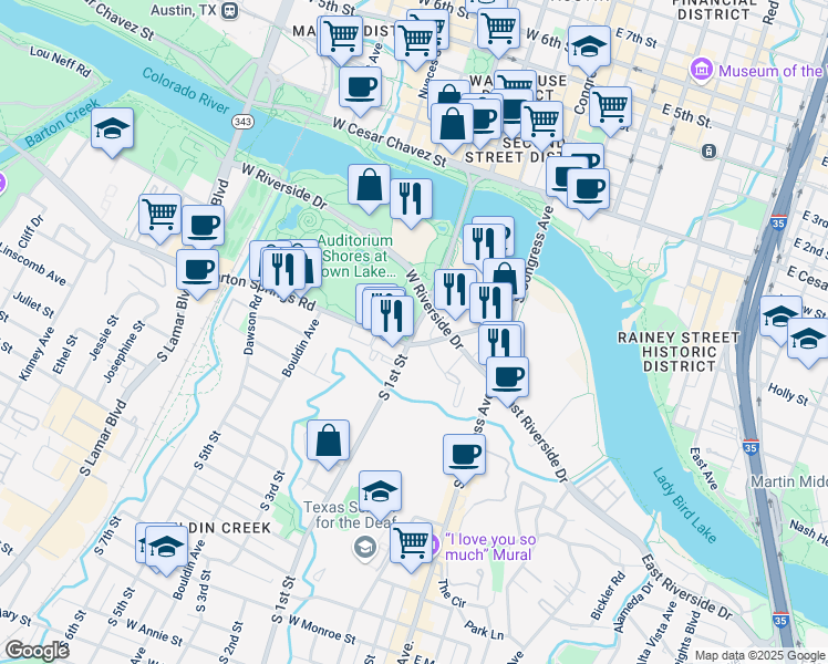 map of restaurants, bars, coffee shops, grocery stores, and more near 300-404 South 1st Street in Austin
