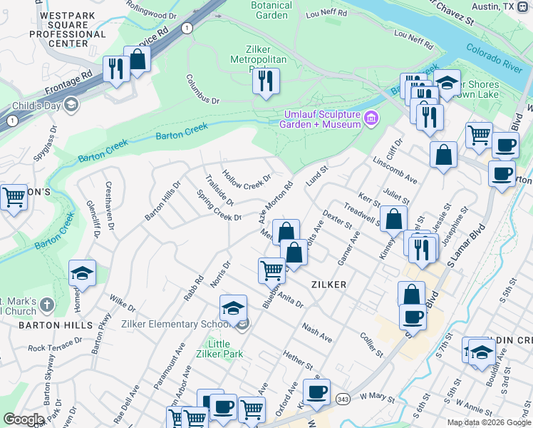 map of restaurants, bars, coffee shops, grocery stores, and more near 2203 Trailside Drive in Austin