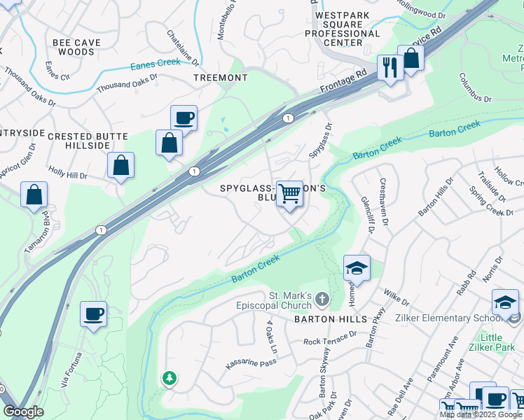 map of restaurants, bars, coffee shops, grocery stores, and more near 2901 Barton Skyway in Austin