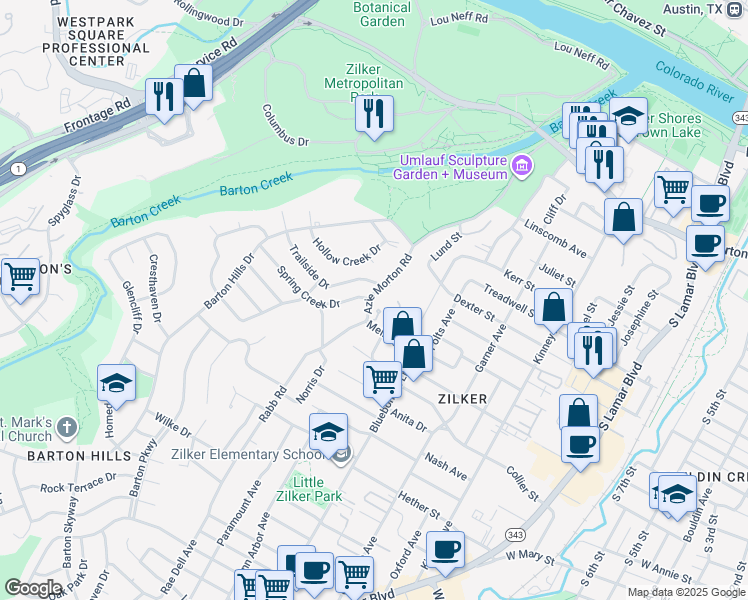 map of restaurants, bars, coffee shops, grocery stores, and more near 2203 Trailside Drive in Austin